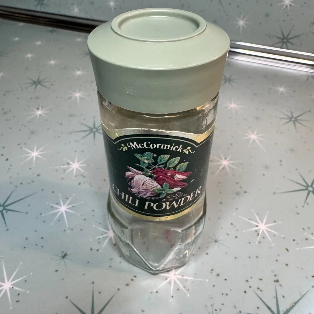 Vintage McCormick Chili Powder Jar Green Label & Lid Glass Spice Bottle Kitchen